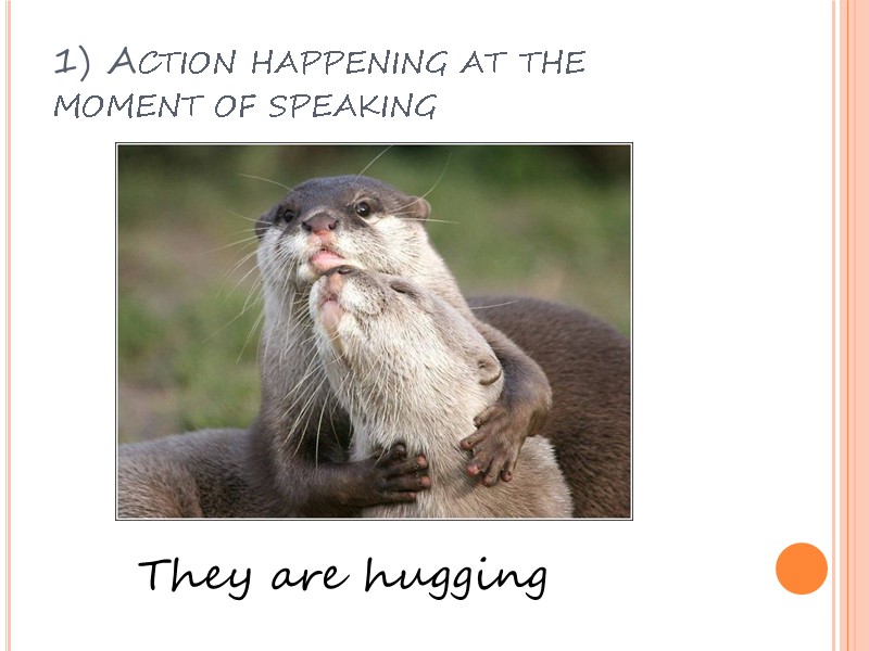 1) Action happening at the moment of speaking They are hugging